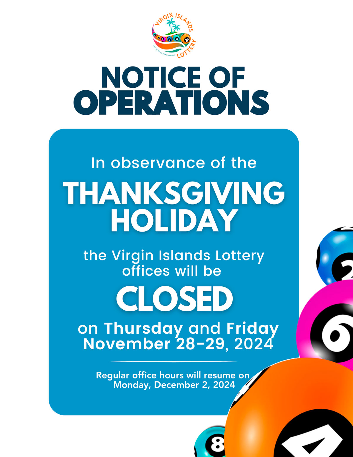 VI Lottery Offices Closed on Thursday and Friday, November 28 and 29, 2024 for Thanksgiving