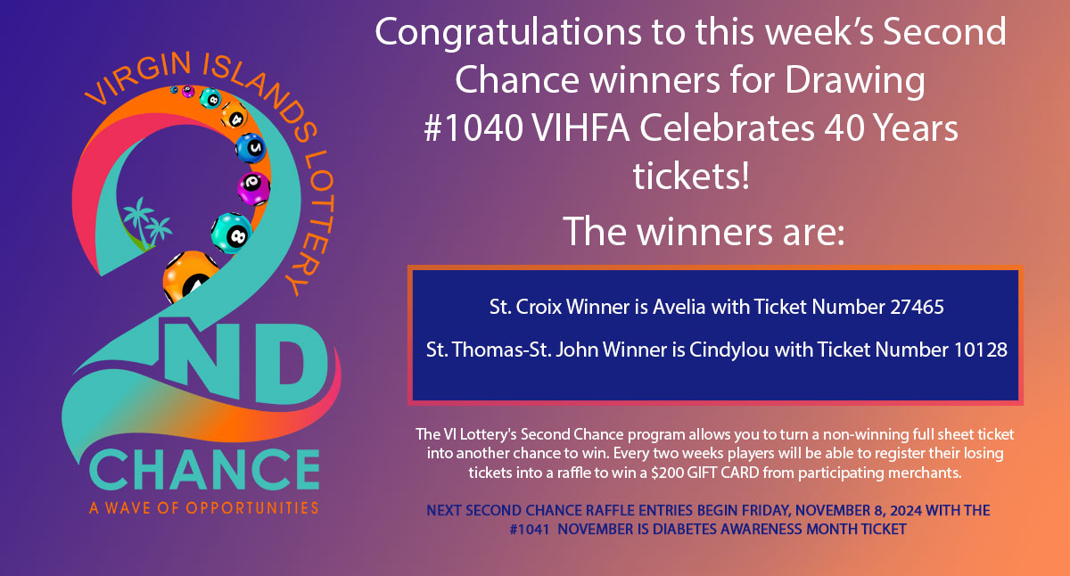 Congratulations to this week’s Second Chance winners for #1040 VIHFA Celebrates 40 Years Ticket